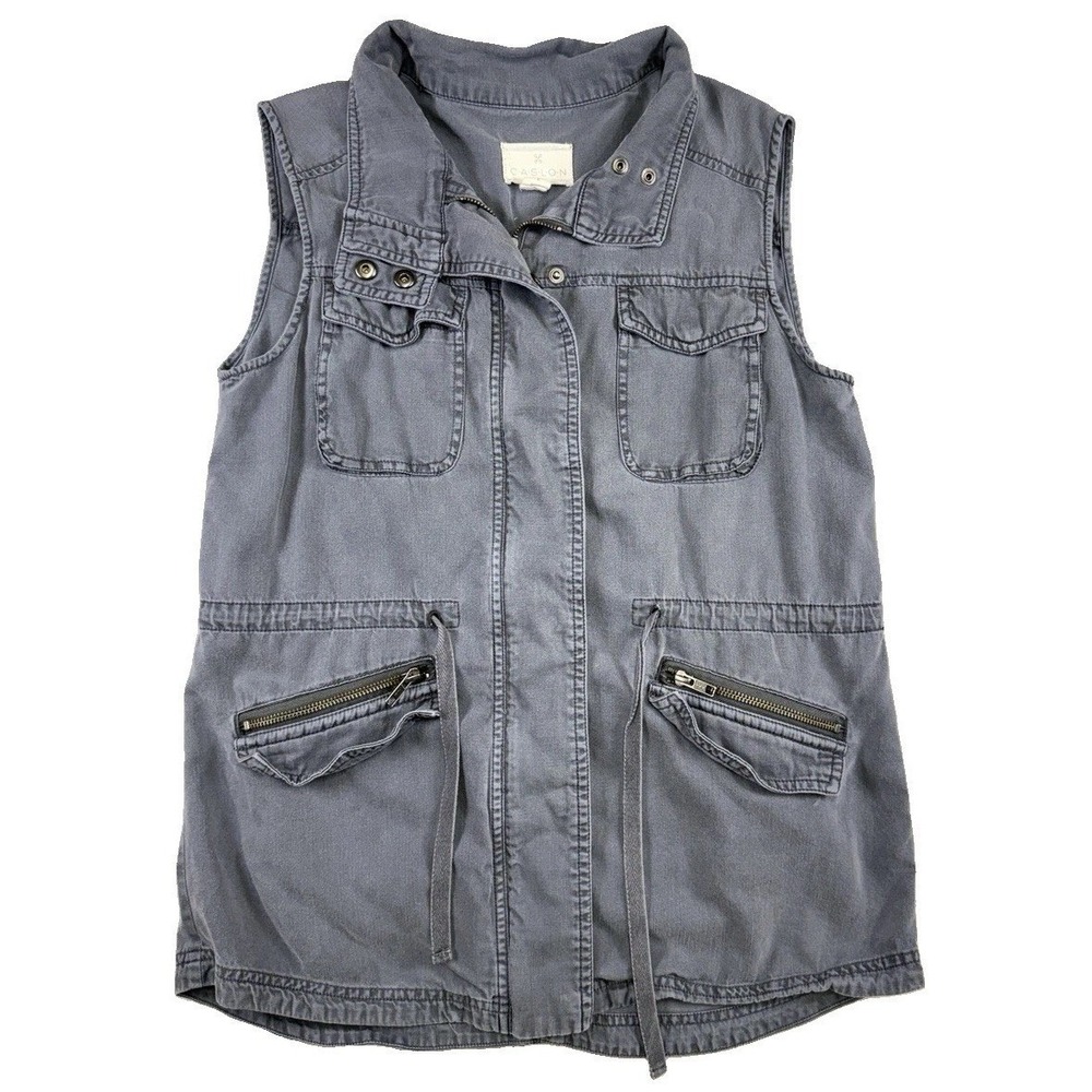 CASLON Full-Zip Utility Safari Vest Gray Blue Drawstring Waist Sm Gorpcore Boho